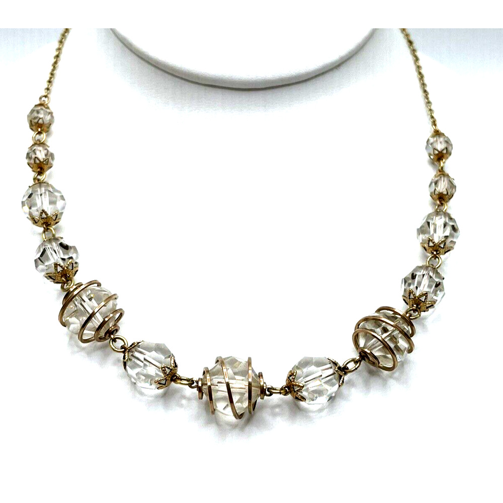 Estate Vintage Gold Caged Necklace Graduated Crystal Spheres Eye Catching 1990s